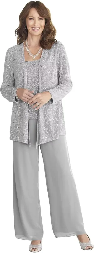 Mother of The Bride Pant Suit for Wedding 3Pcs Lace Evening Outfit with Jacket Long Chiffon Formal Gowns