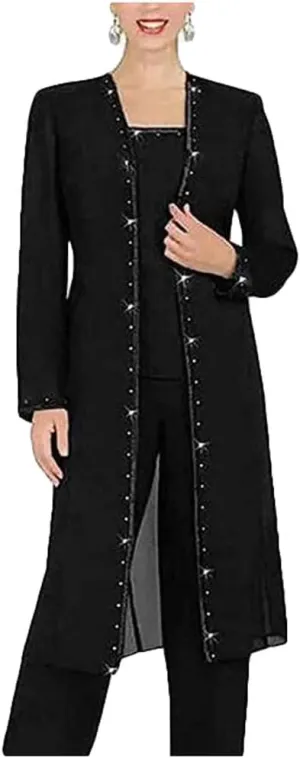 Mother of The Bride Pants Suits 3 PC Chiffon Beaded Women Outfits with Long Jacket Wedding Party Prom Dress