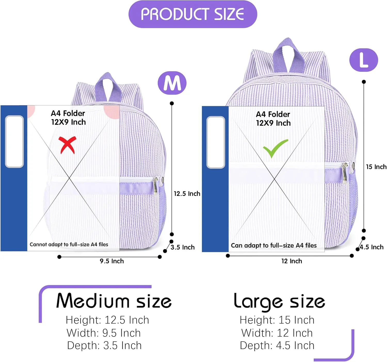 MT WORLD Kids Personalized Toddler Backpack - Seersucker Preschool Girls Backpack - Preppy Packpacks for Daily School & Birthday Gifts (Purple)