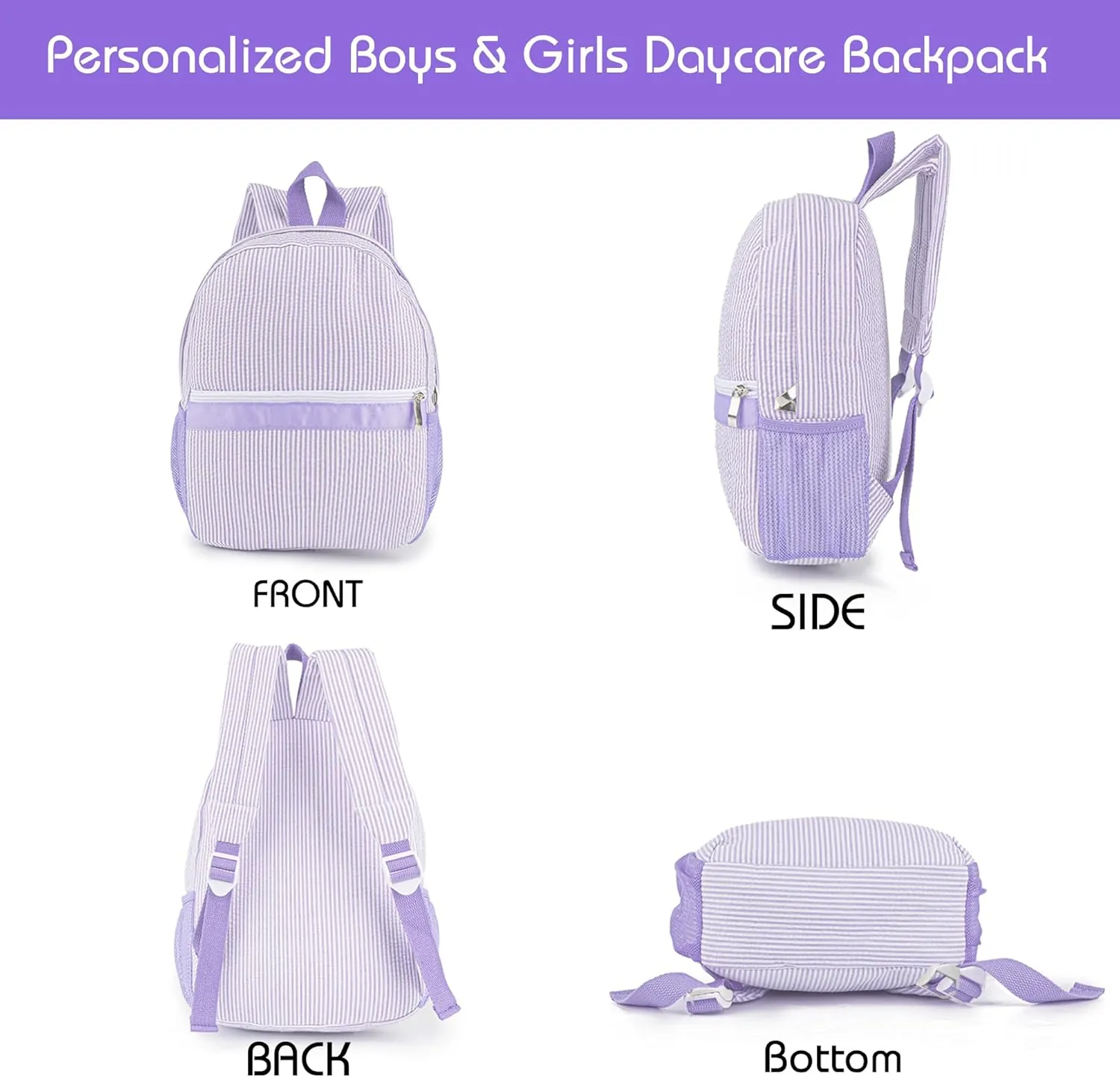 MT WORLD Kids Personalized Toddler Backpack - Seersucker Preschool Girls Backpack - Preppy Packpacks for Daily School & Birthday Gifts (Purple)