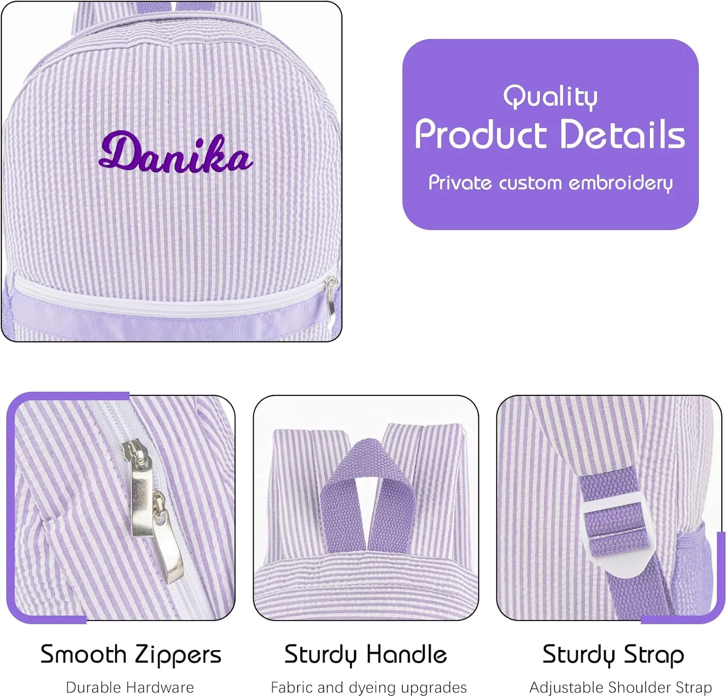 MT WORLD Kids Personalized Toddler Backpack - Seersucker Preschool Girls Backpack - Preppy Packpacks for Daily School & Birthday Gifts (Purple)