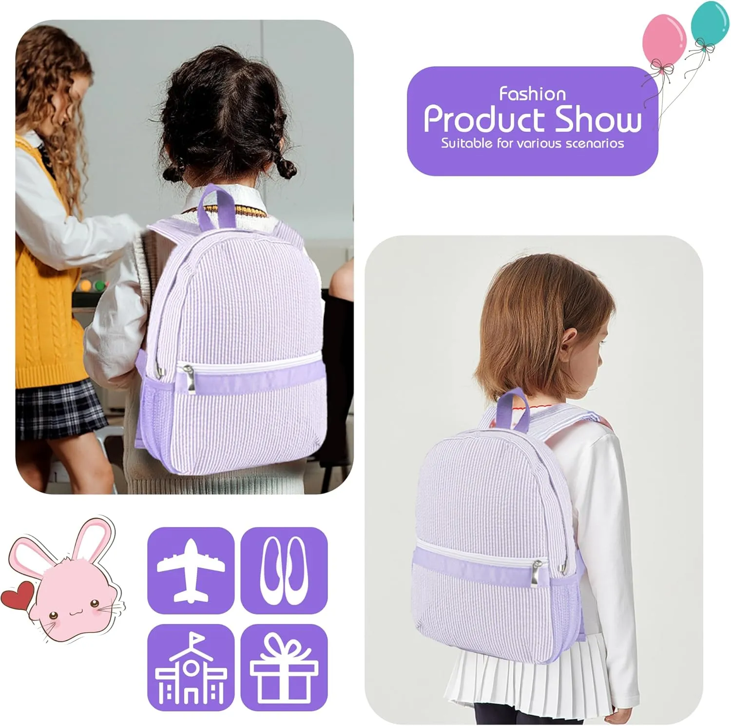 MT WORLD Kids Personalized Toddler Backpack - Seersucker Preschool Girls Backpack - Preppy Packpacks for Daily School & Birthday Gifts (Purple)