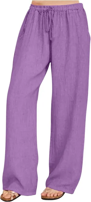 NATHGAM Palazzo Pants for Women, Drawstring Tie High Waist Wide Leg Straight Pants Loose Summer Linen Trousers with Pockets Purple