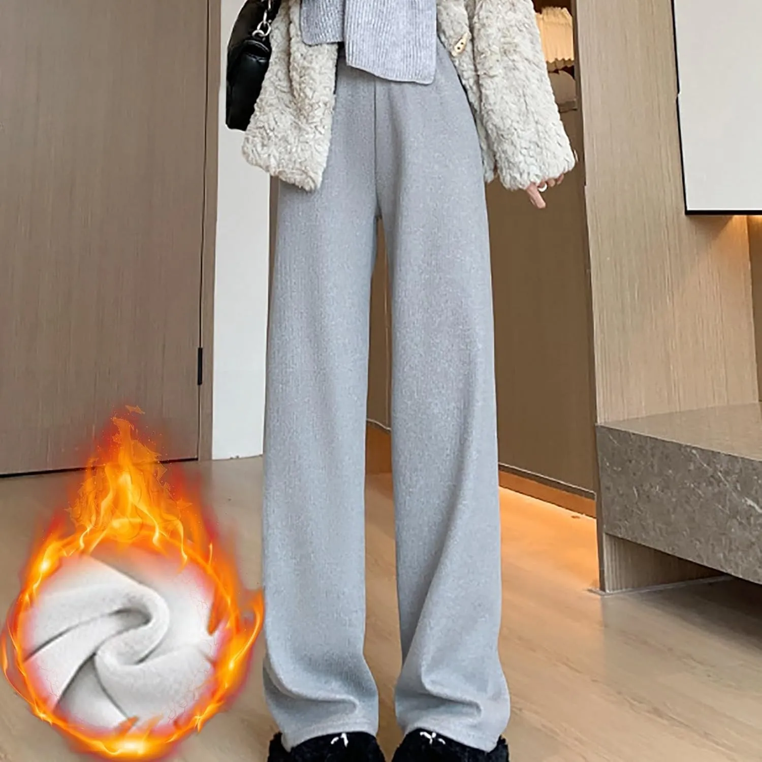 NATHGAM Women's Sweatpants Winter Warm Fleece Lined High Waist Wide Leg Pants Lightweight Comfy Fashion Y2K Street Trousers