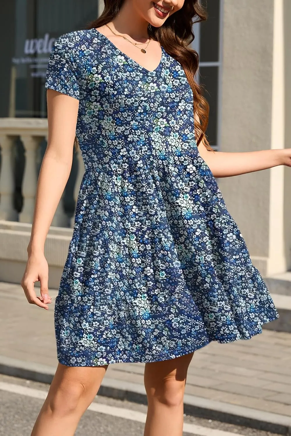 nclook Womens Summer Casual Dress Sweet Cute V Neck Mini Dress with Pocket Short Sleeve