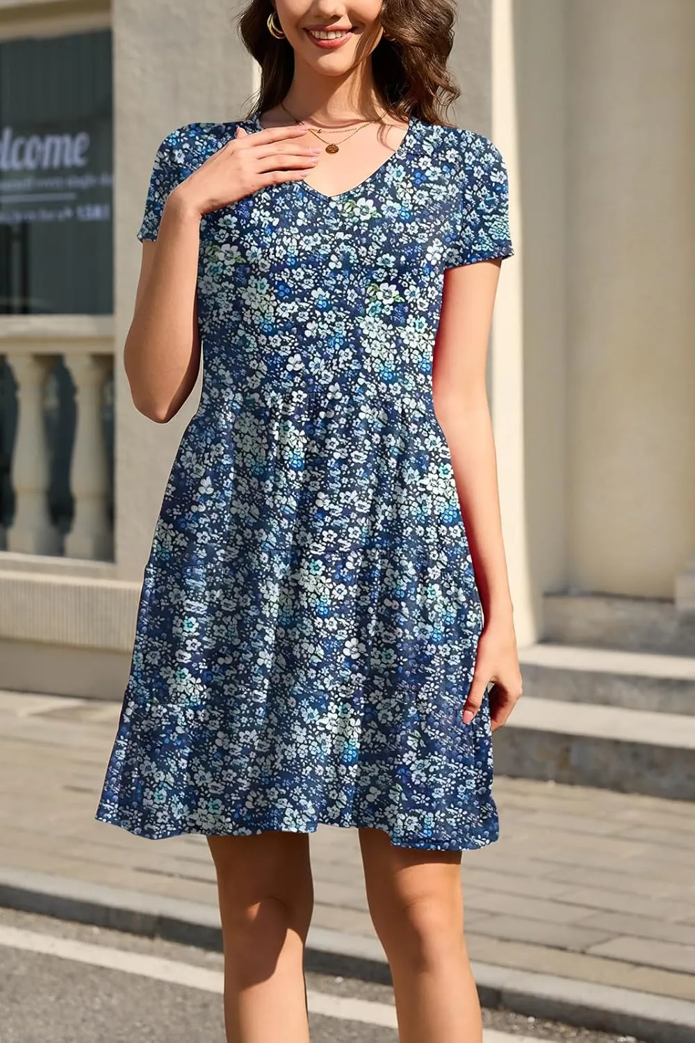 nclook Womens Summer Casual Dress Sweet Cute V Neck Mini Dress with Pocket Short Sleeve