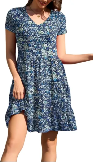 nclook Womens Summer Casual Dress Sweet Cute V Neck Mini Dress with Pocket Short Sleeve