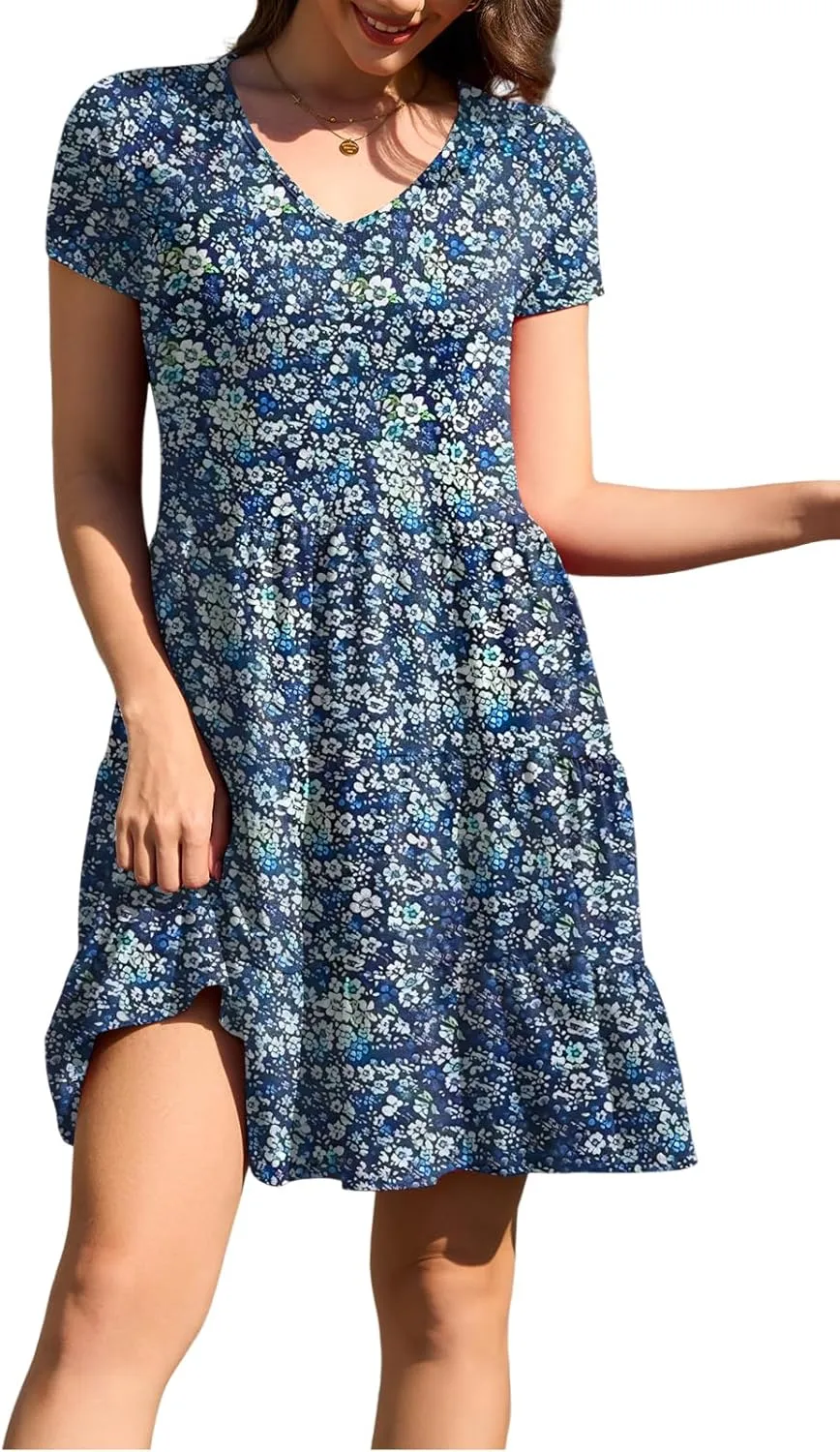 nclook Womens Summer Casual Dress Sweet Cute V Neck Mini Dress with Pocket Short Sleeve