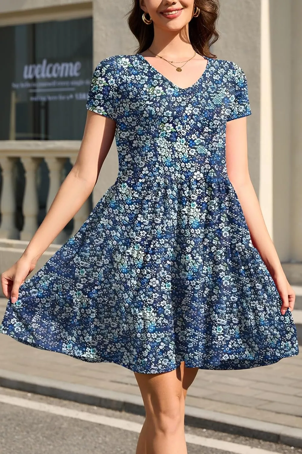 nclook Womens Summer Casual Dress Sweet Cute V Neck Mini Dress with Pocket Short Sleeve