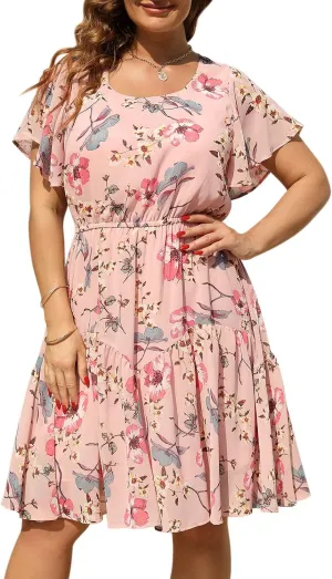 Nemidor Plus Size Summer Dresses for Curvy Women Casual Boho Midi Chiffon Print Floral Dress with Ruffle Sleeve 14-26