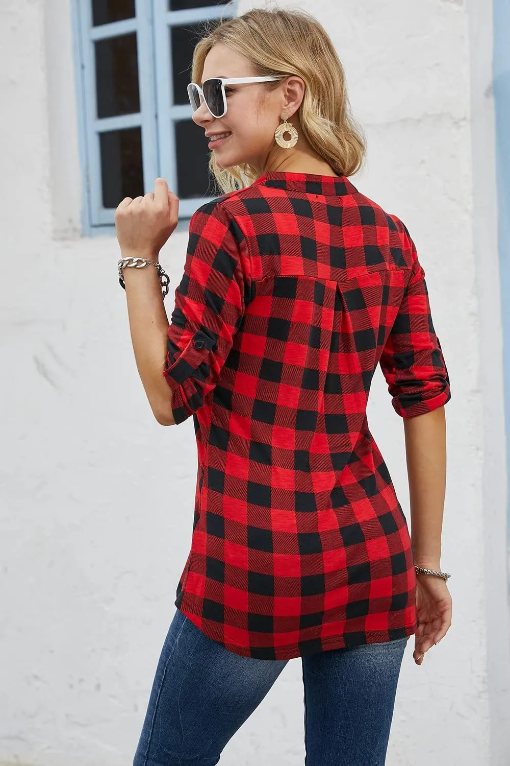 Ninedaily Women's 3/4 Sleeve Plaid Shirts Zip Floral Casual Tunic Blouse Tops