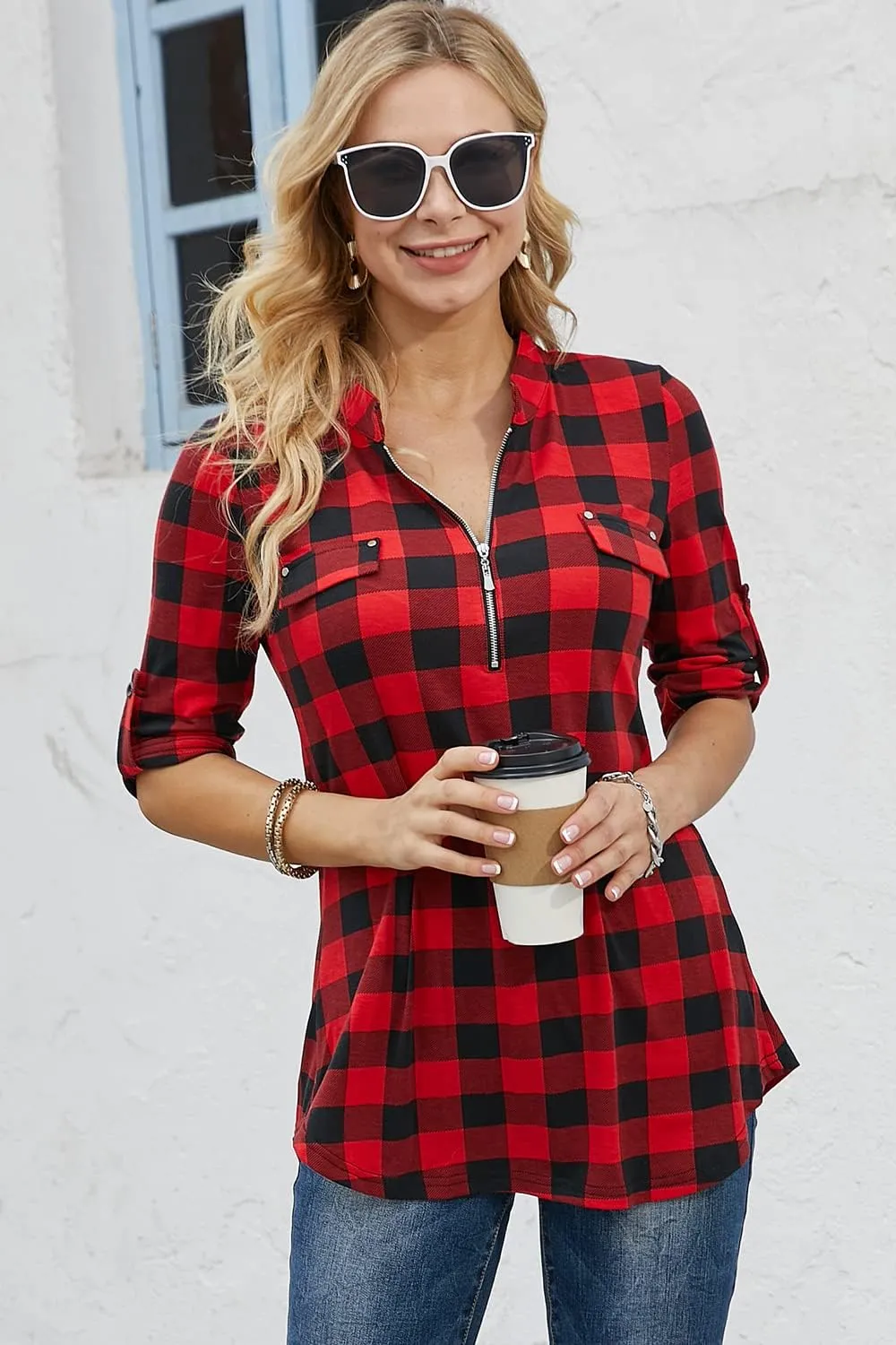 Ninedaily Women's 3/4 Sleeve Plaid Shirts Zip Floral Casual Tunic Blouse Tops