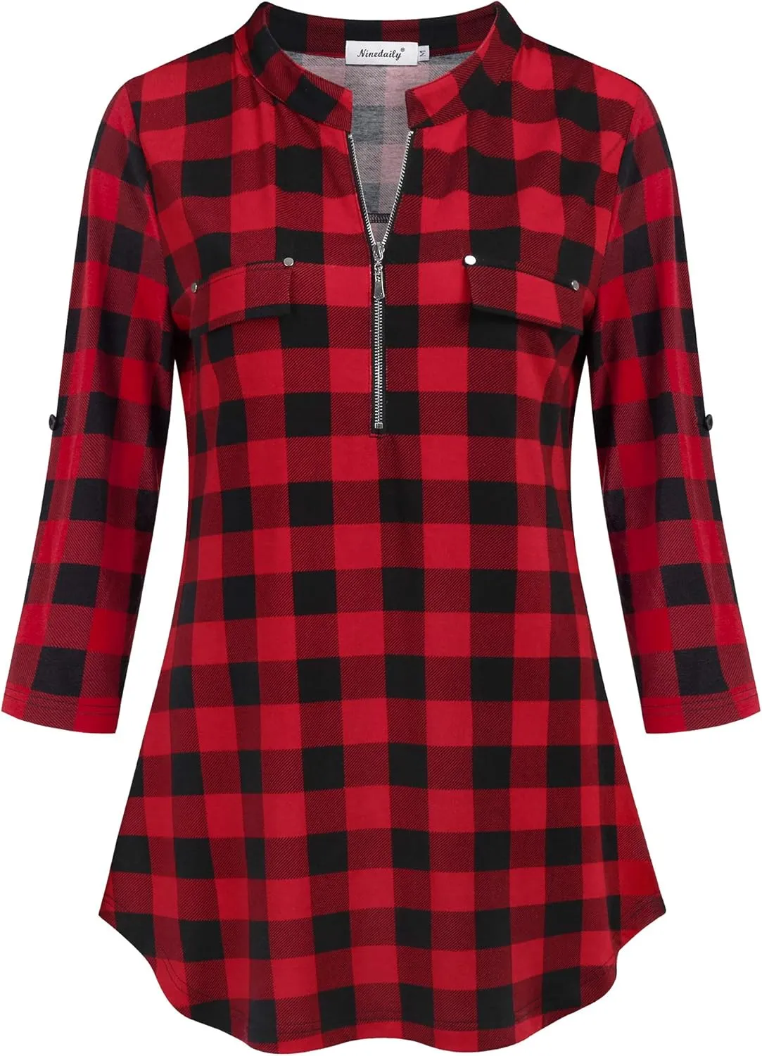 Ninedaily Women's 3/4 Sleeve Plaid Shirts Zip Floral Casual Tunic Blouse Tops