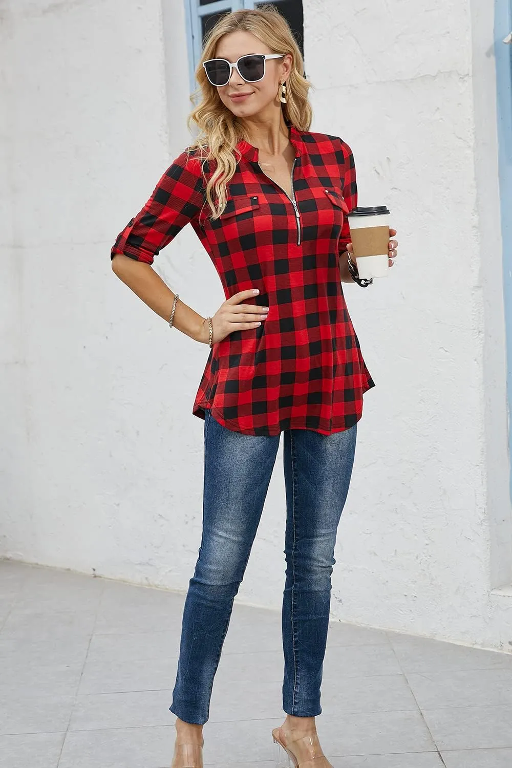 Ninedaily Women's 3/4 Sleeve Plaid Shirts Zip Floral Casual Tunic Blouse Tops
