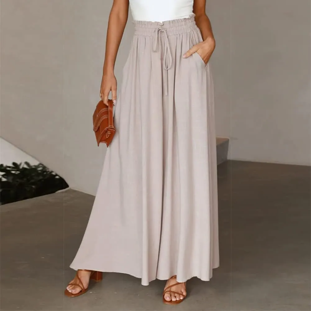 OBEEII Womens High Waist Chiffon Pants Boho Flowy Wide Leg Casual Palazzo Trousers