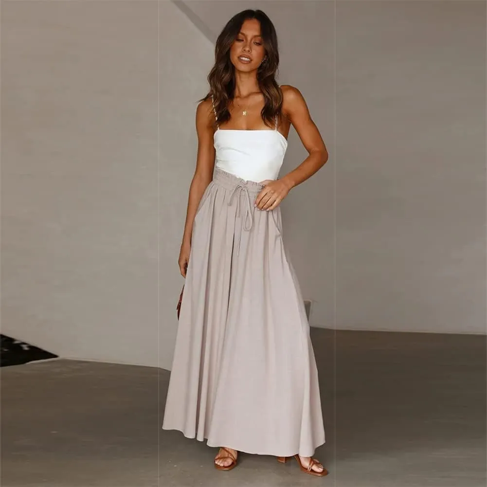 OBEEII Womens High Waist Chiffon Pants Boho Flowy Wide Leg Casual Palazzo Trousers