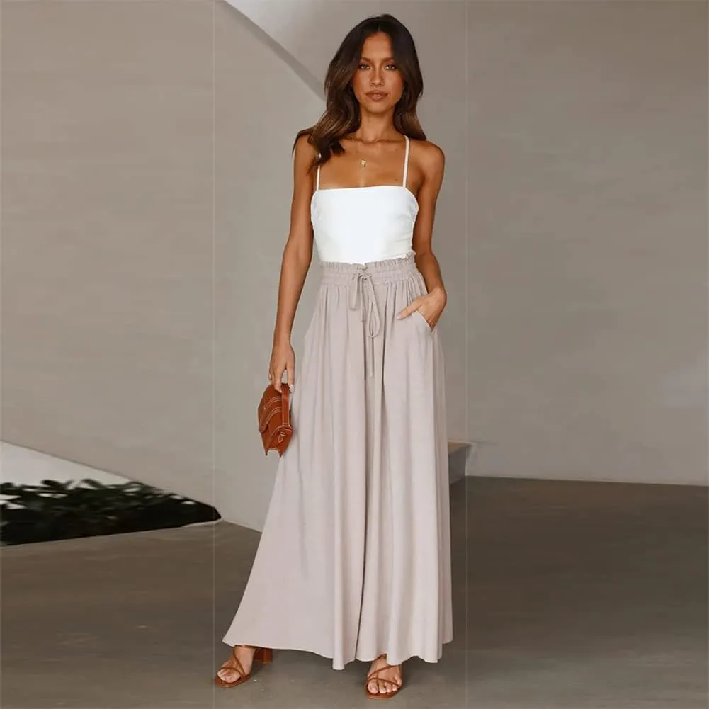 OBEEII Womens High Waist Chiffon Pants Boho Flowy Wide Leg Casual Palazzo Trousers