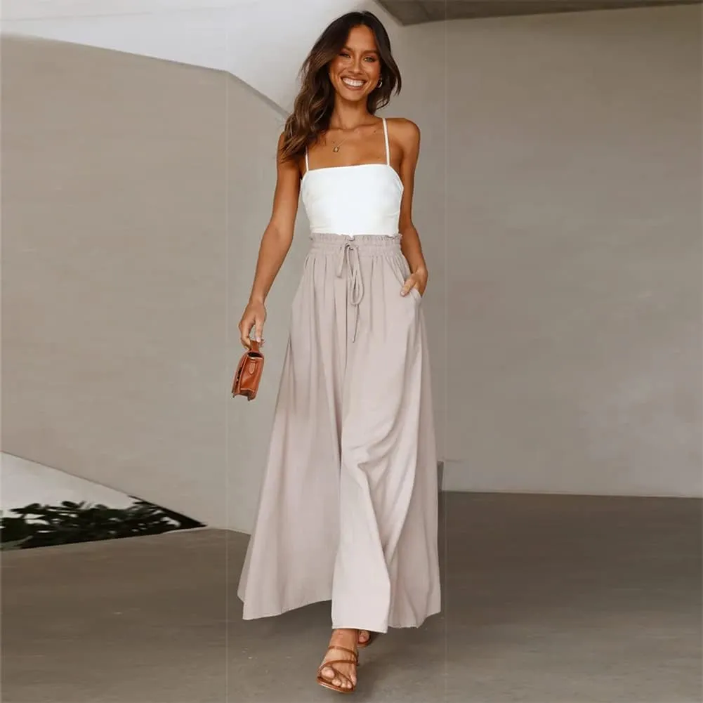 OBEEII Womens High Waist Chiffon Pants Boho Flowy Wide Leg Casual Palazzo Trousers