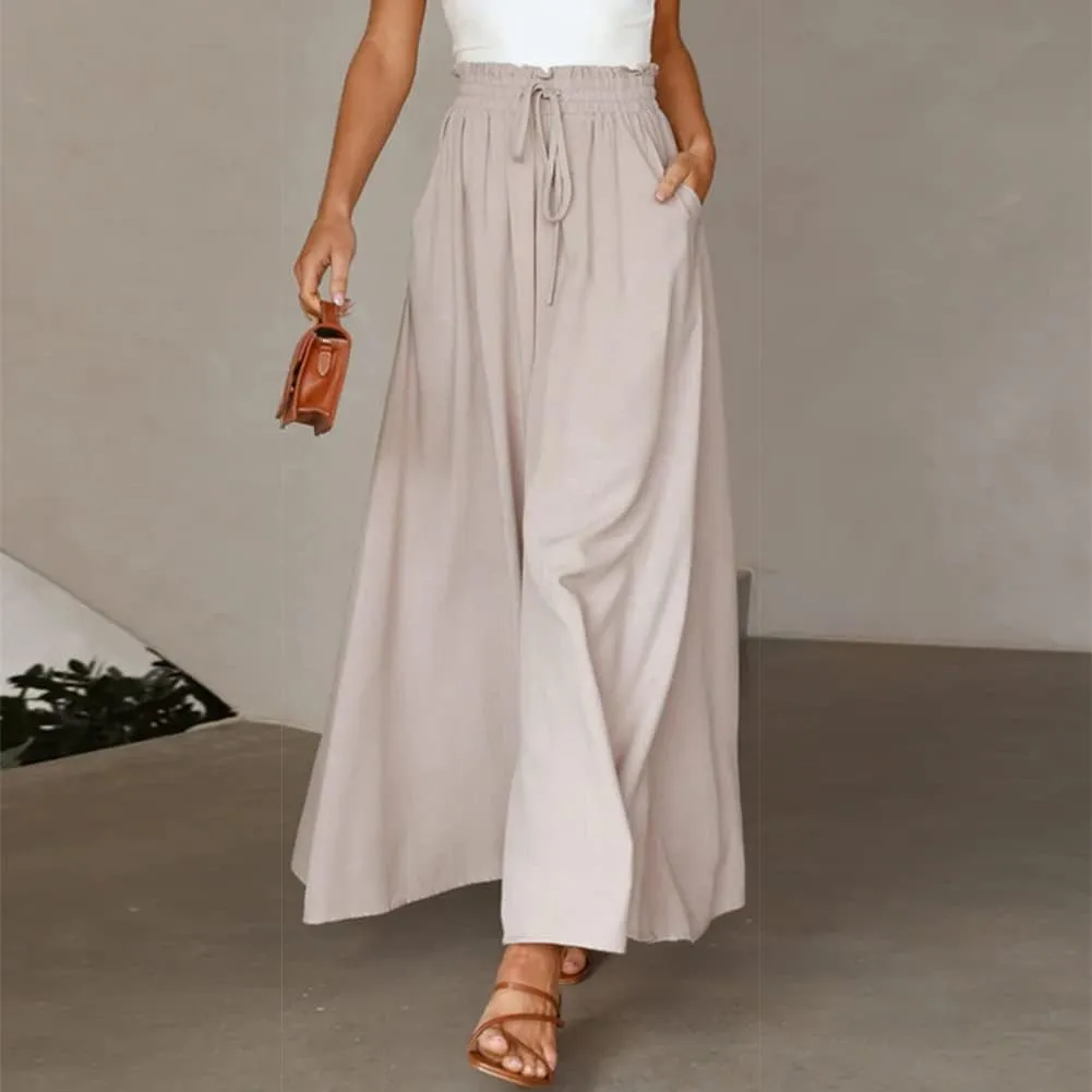 OBEEII Womens High Waist Chiffon Pants Boho Flowy Wide Leg Casual Palazzo Trousers