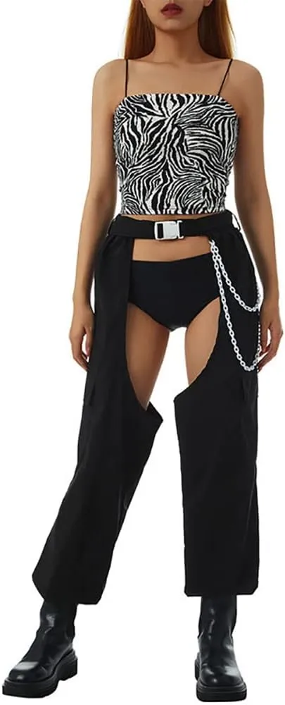 OBEEII Women's Sexy Buckle Bottomless Pants High Waist Rave Hiphop Punk Rock Crotch Hollow Out Cargo Pants Trousers