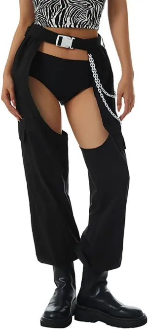 OBEEII Women's Sexy Buckle Bottomless Pants High Waist Rave Hiphop Punk Rock Crotch Hollow Out Cargo Pants Trousers