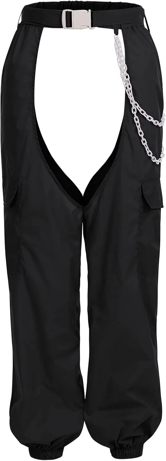 OBEEII Women's Sexy Buckle Bottomless Pants High Waist Rave Hiphop Punk Rock Crotch Hollow Out Cargo Pants Trousers