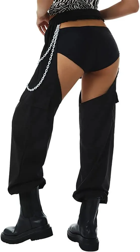 OBEEII Women's Sexy Buckle Bottomless Pants High Waist Rave Hiphop Punk Rock Crotch Hollow Out Cargo Pants Trousers