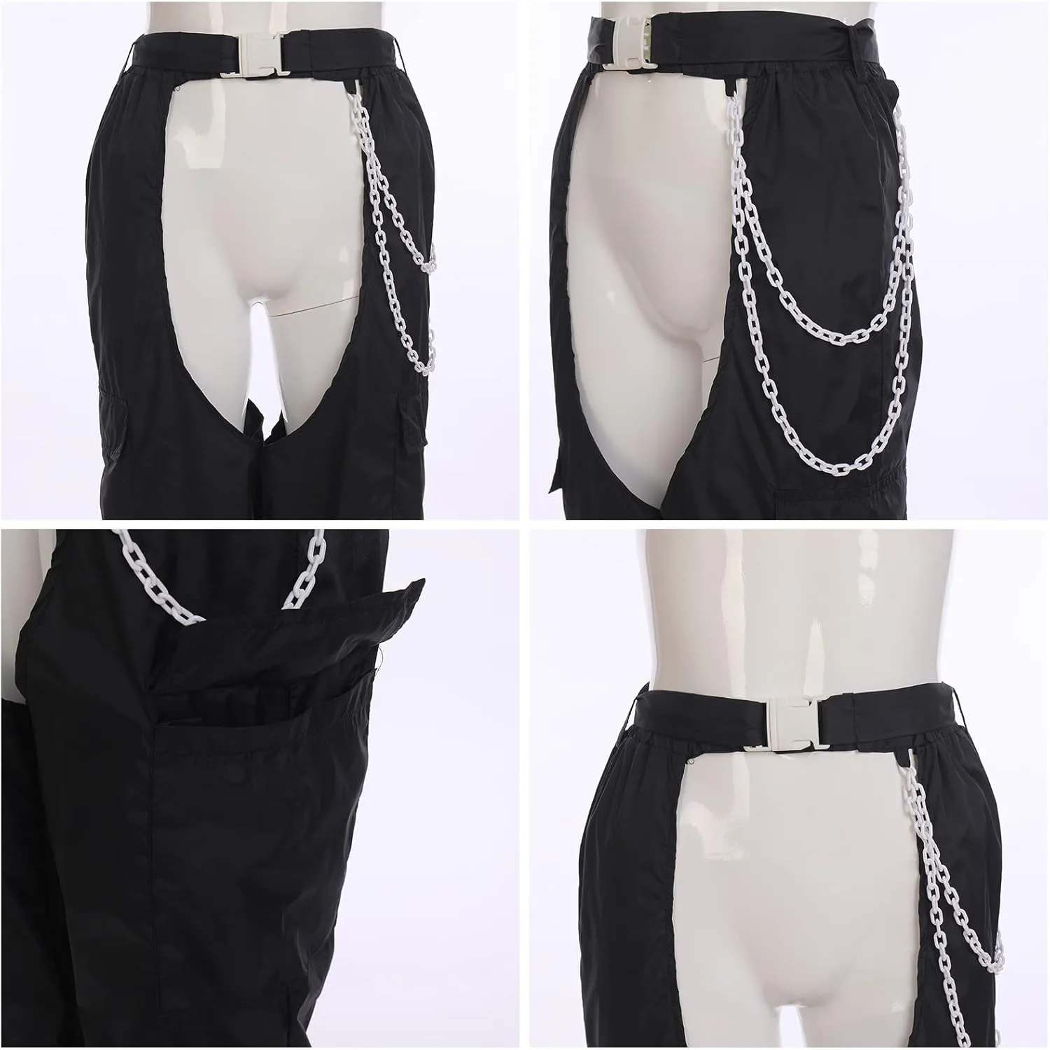 OBEEII Women's Sexy Buckle Bottomless Pants High Waist Rave Hiphop Punk Rock Crotch Hollow Out Cargo Pants Trousers