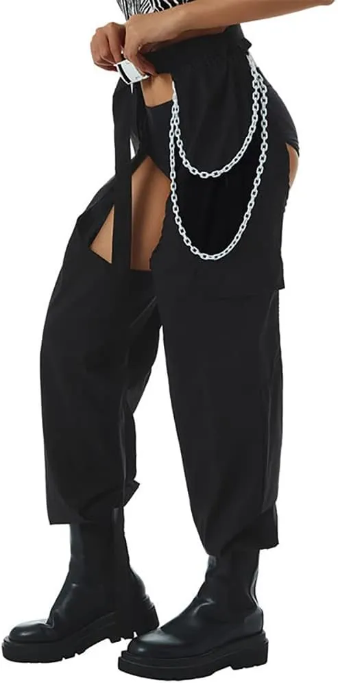 OBEEII Women's Sexy Buckle Bottomless Pants High Waist Rave Hiphop Punk Rock Crotch Hollow Out Cargo Pants Trousers