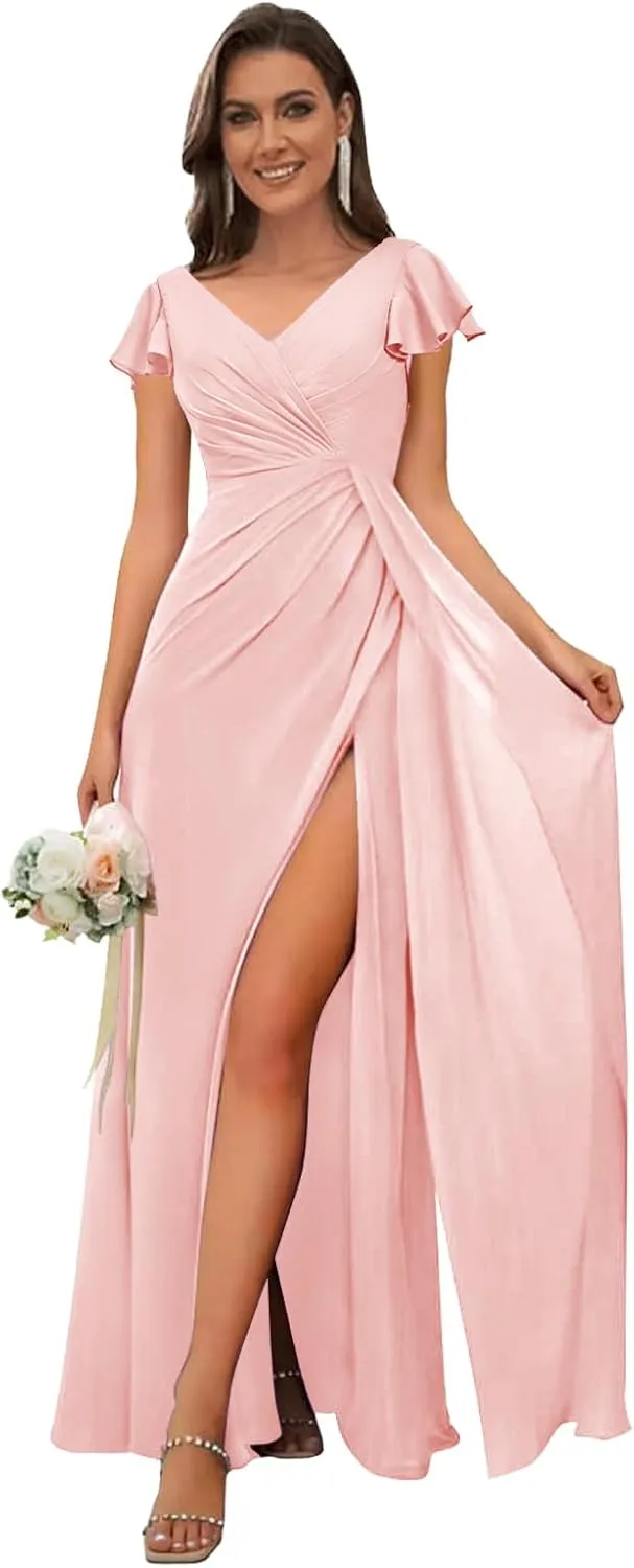 OFEECHUN Women's V Neck Chiffon Bridesmaid Dresses with Sleeves Wrap Slit Long Formal Wedding Guest Gown