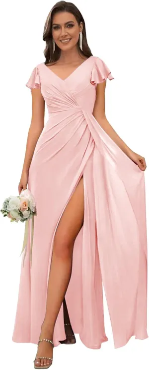 OFEECHUN Women's V Neck Chiffon Bridesmaid Dresses with Sleeves Wrap Slit Long Formal Wedding Guest Gown