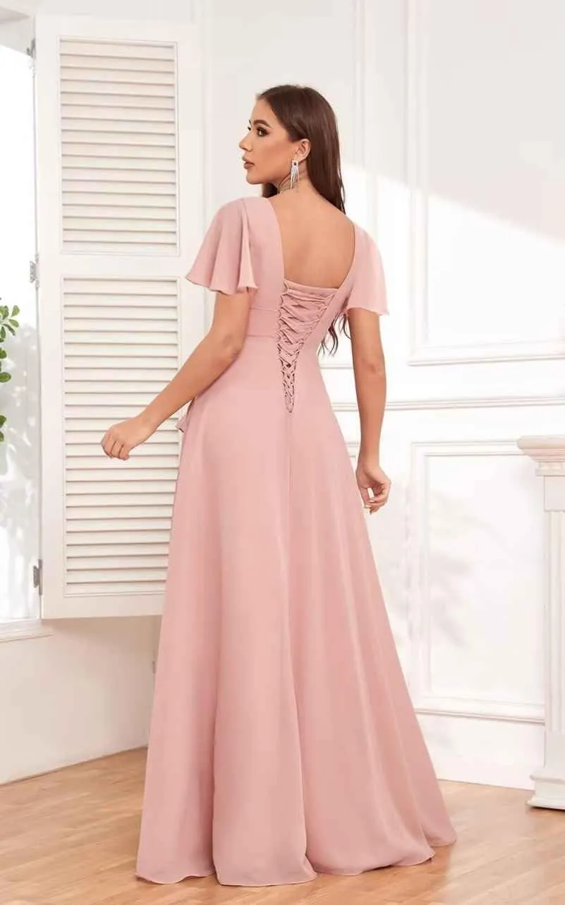 OFEECHUN Women's V Neck Chiffon Bridesmaid Dresses with Sleeves Wrap Slit Long Formal Wedding Guest Gown