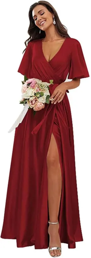 OFEECHUN Women's V Neck Satin Bridesmaid Dresses with Sleeves Slit A Line Long Formal Dress Party Gowns