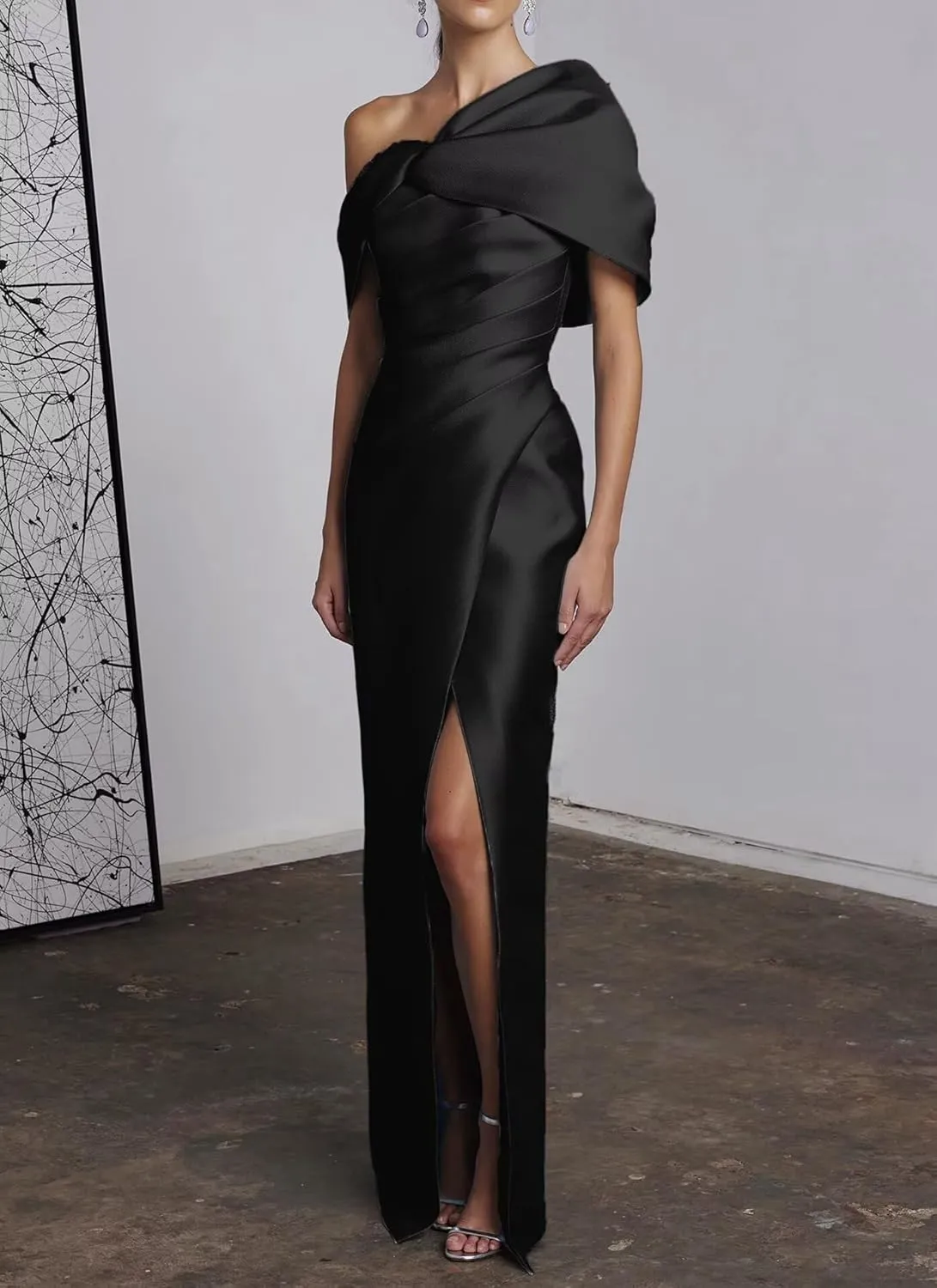 One Shoulder Prom Dresses Satin Mermaid Backless Pleated Formal Evening Dress with Slit