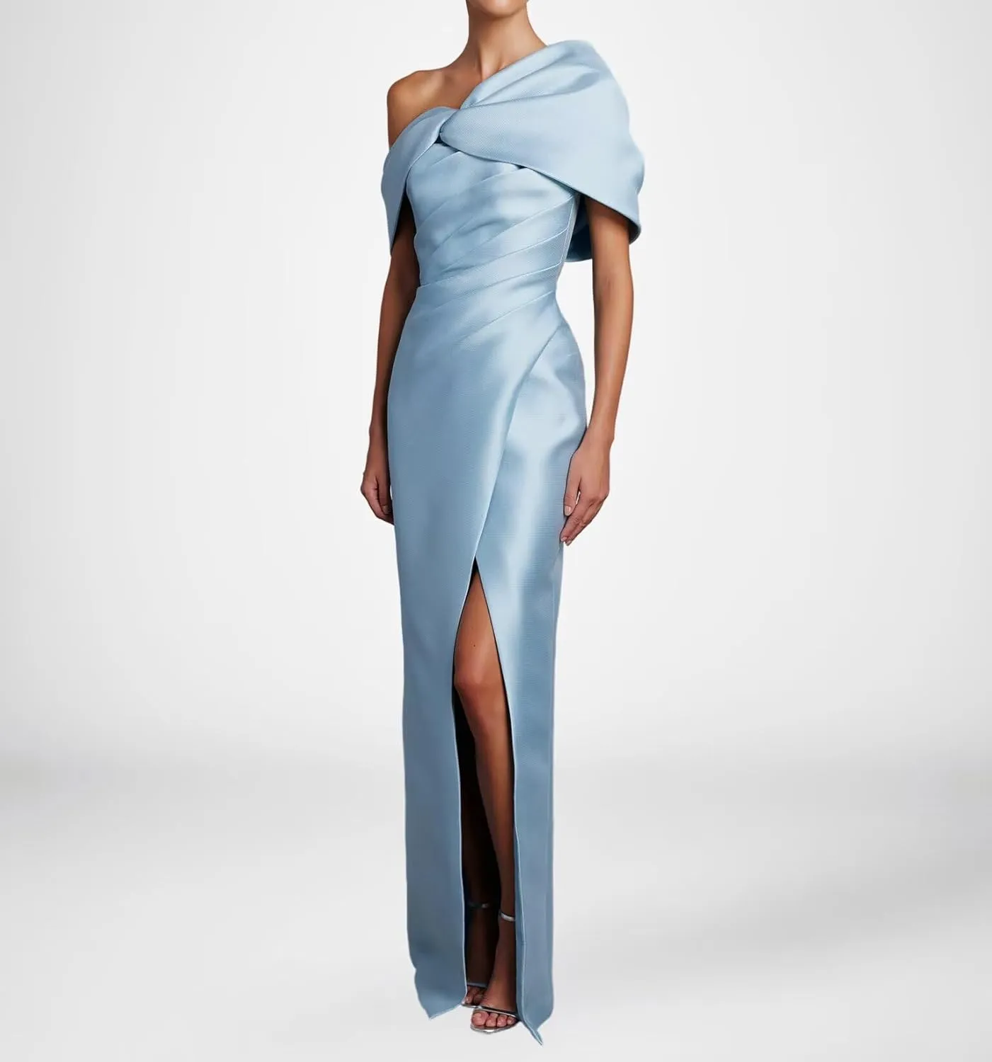 One Shoulder Prom Dresses Satin Mermaid Backless Pleated Formal Evening Dress with Slit
