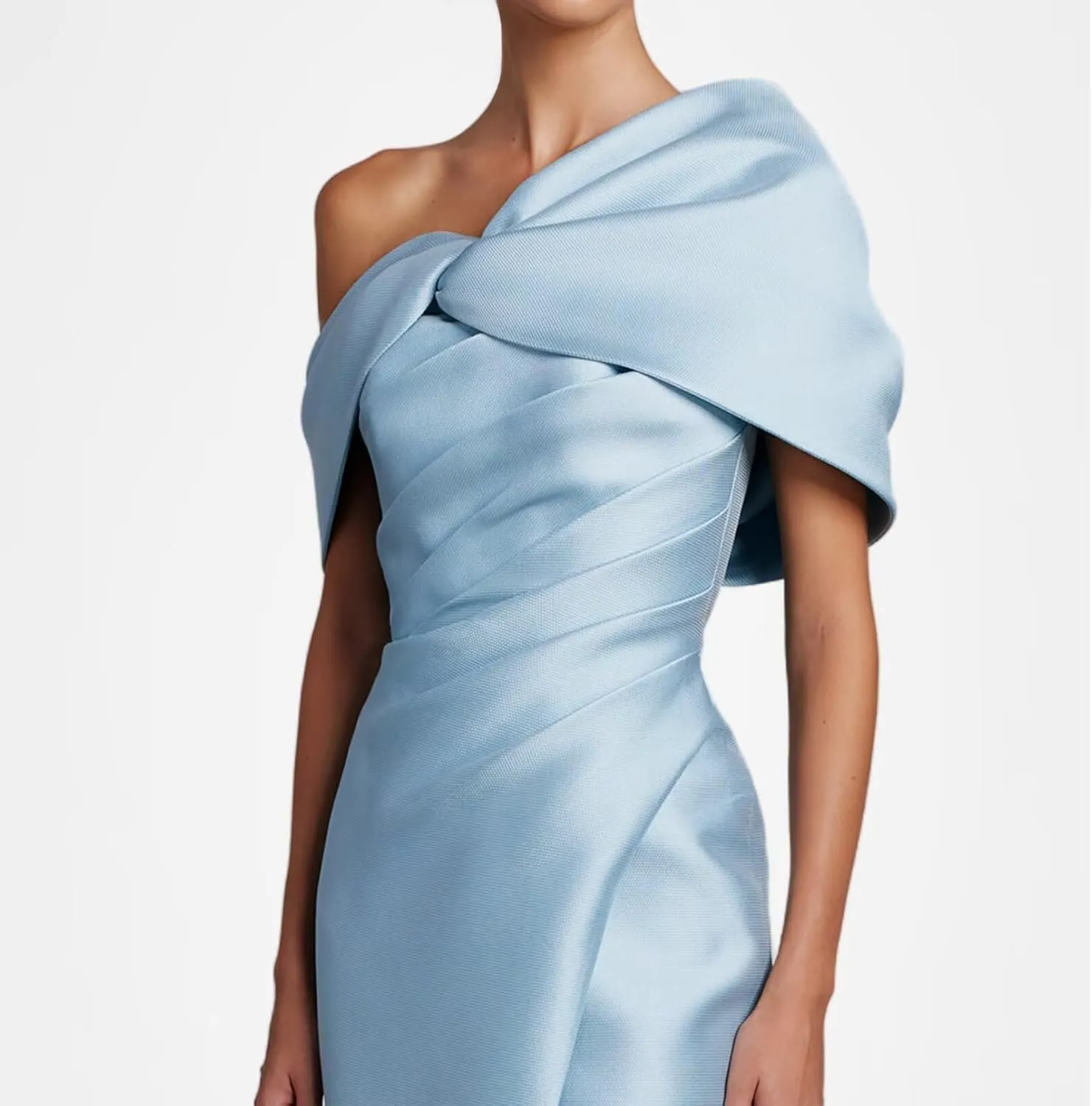 One Shoulder Prom Dresses Satin Mermaid Backless Pleated Formal Evening Dress with Slit