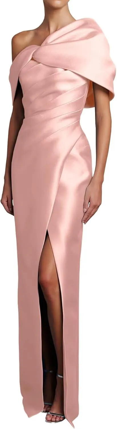 One Shoulder Prom Dresses Satin Mermaid Backless Pleated Formal Evening Dress with Slit