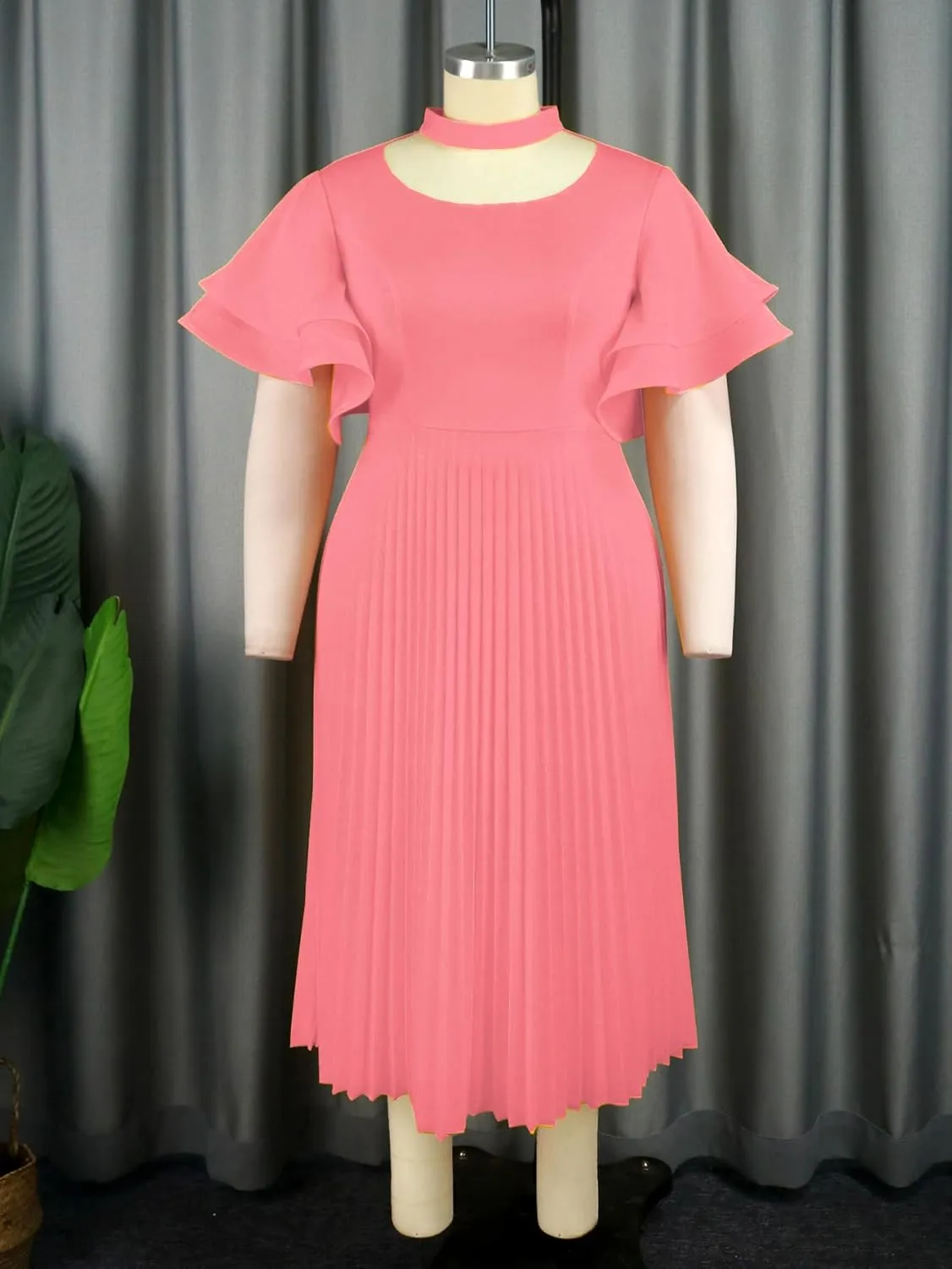ONTINVA Women Plus Size High Neck Pleated Hem Party Dress Flared Sleeves Elegant A Line Midi Dresses