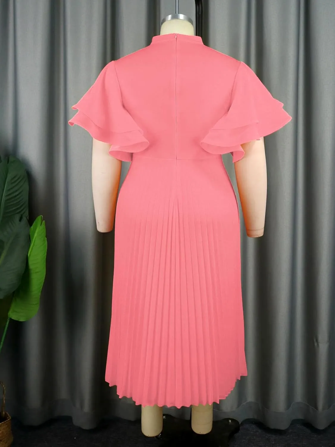 ONTINVA Women Plus Size High Neck Pleated Hem Party Dress Flared Sleeves Elegant A Line Midi Dresses