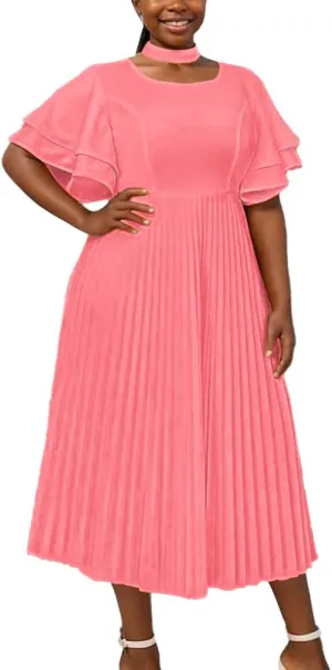ONTINVA Women Plus Size High Neck Pleated Hem Party Dress Flared Sleeves Elegant A Line Midi Dresses
