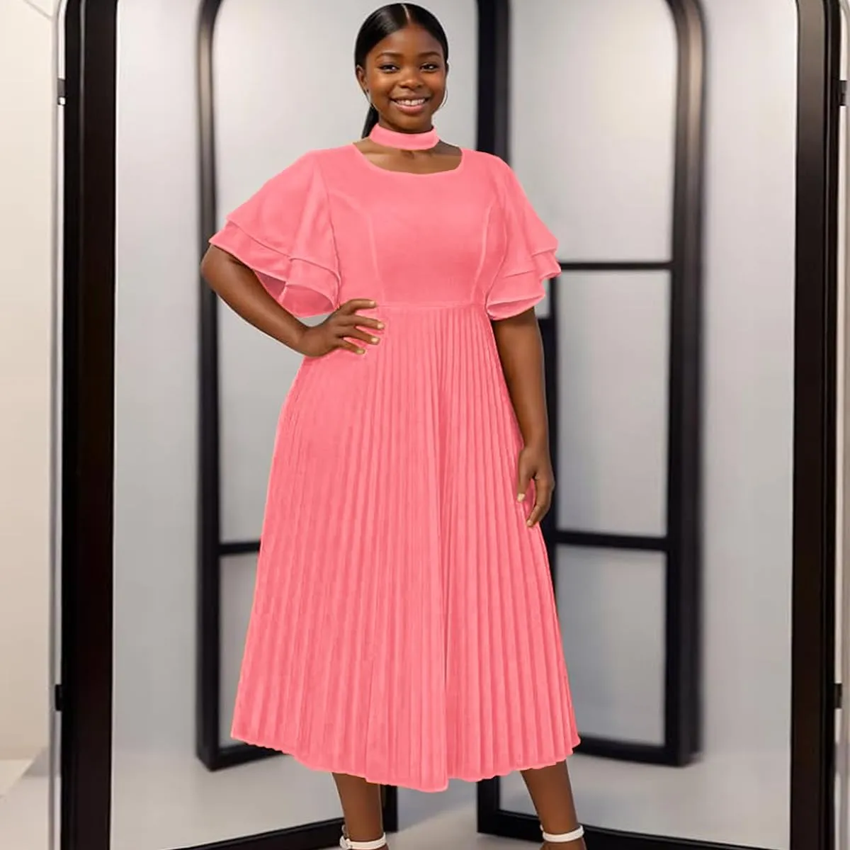 ONTINVA Women Plus Size High Neck Pleated Hem Party Dress Flared Sleeves Elegant A Line Midi Dresses
