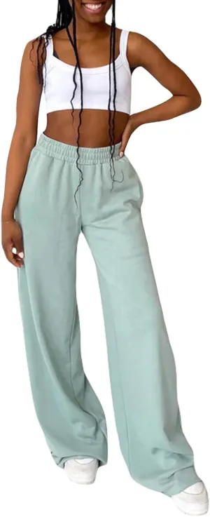 Owl's-Yard Women Wide-Leg Pants Elastic High Waist Loose Trousers Teen Girls Baggy Straight Leg Sweatpants Fall Bottom