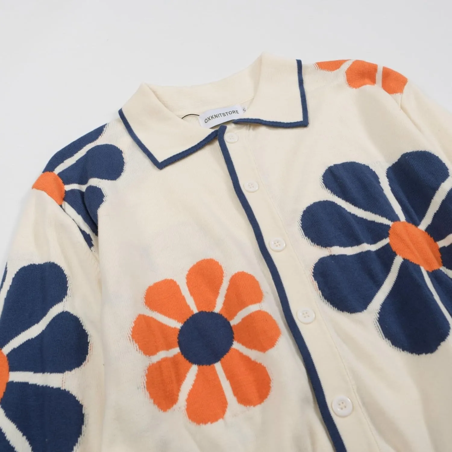 OXKNIT Men's Knit Button Down White Polo Shirts Long Sleeve Casual Flower Cardigan Sweater