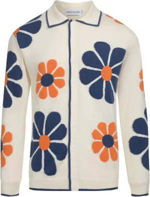 OXKNIT Men's Knit Button Down White Polo Shirts Long Sleeve Casual Flower Cardigan Sweater