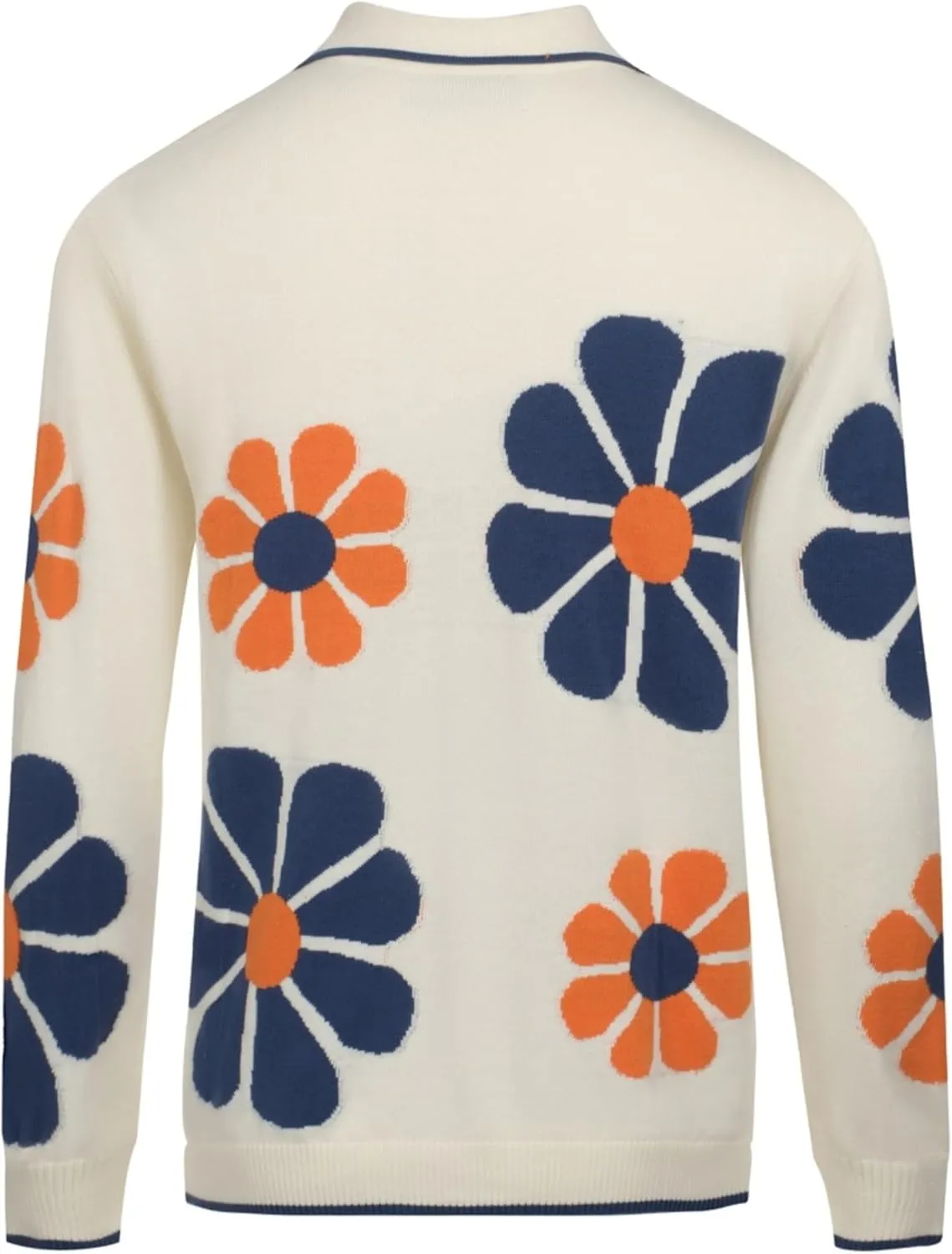 OXKNIT Men's Knit Button Down White Polo Shirts Long Sleeve Casual Flower Cardigan Sweater