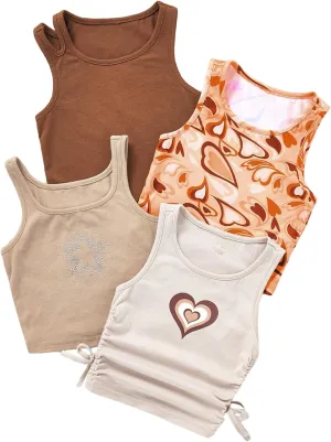 OYOANGLE Toddler Girl's 4 Pack Graphic Print Crop Tank Top Crew Neck Sleeveless Summer Cami Top