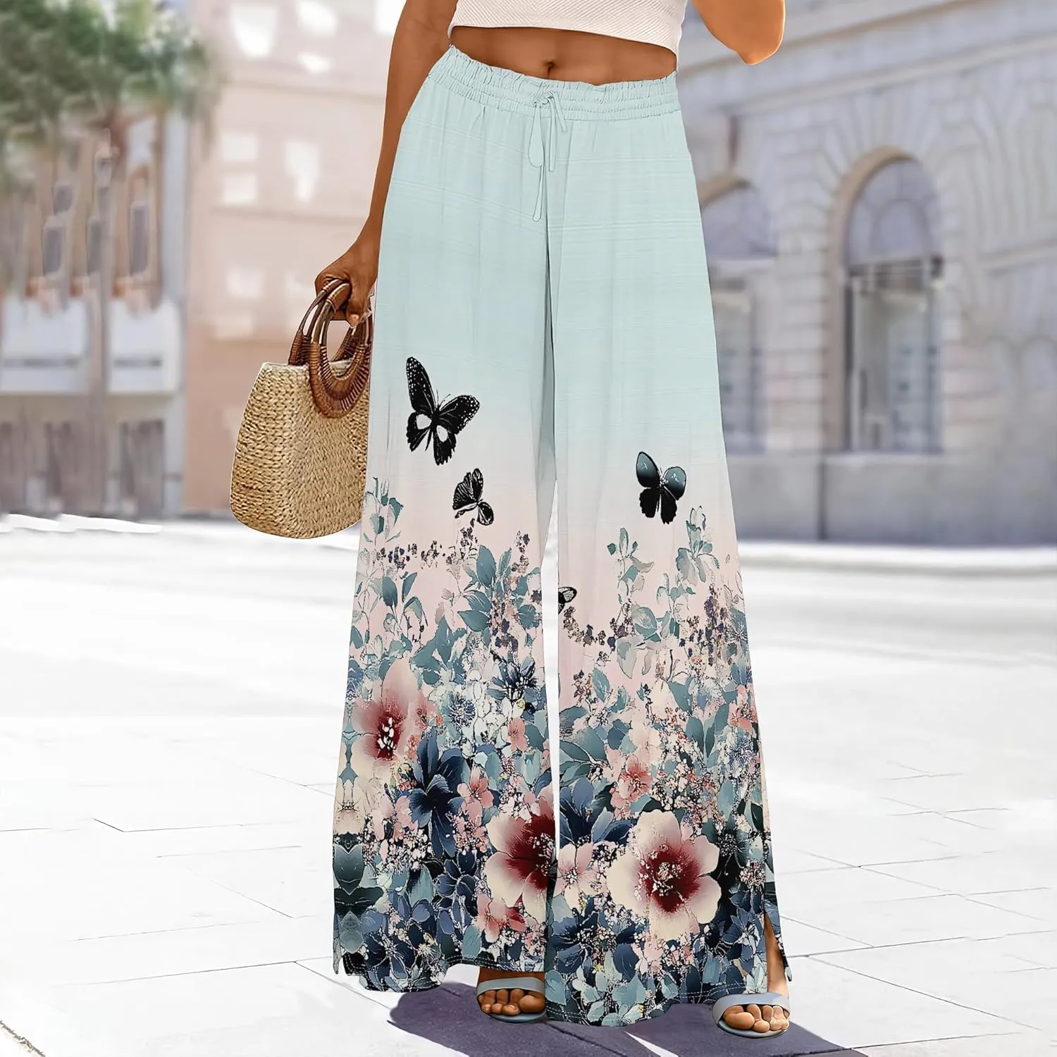 Palazzo Pants for Women Floral Summer Boho Casual Wide Leg Beach High Waist Lounge Ladies Trousers with Pockets