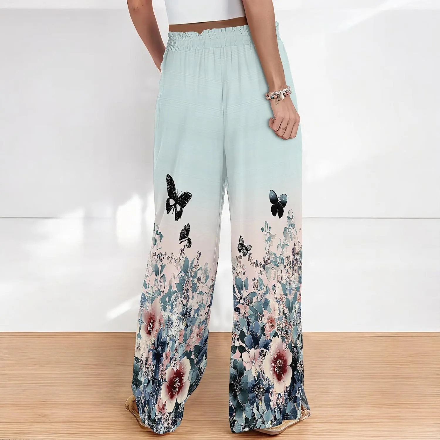 Palazzo Pants for Women Floral Summer Boho Casual Wide Leg Beach High Waist Lounge Ladies Trousers with Pockets
