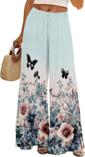 Palazzo Pants for Women Floral Summer Boho Casual Wide Leg Beach High Waist Lounge Ladies Trousers with Pockets