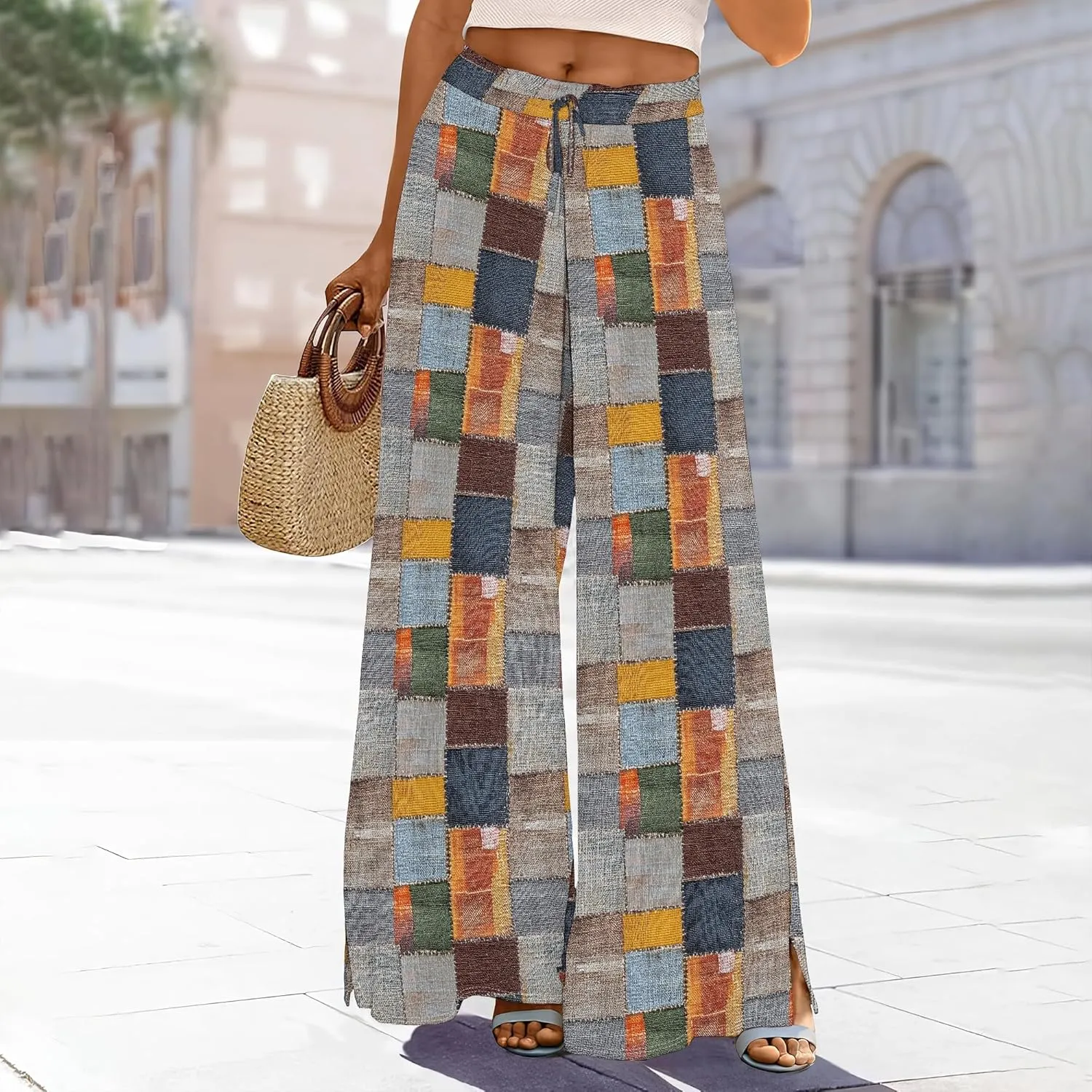 Palazzo Pants for Women Floral Summer Boho Casual Wide Leg Beach High Waist Lounge Ladies Trousers with Pockets